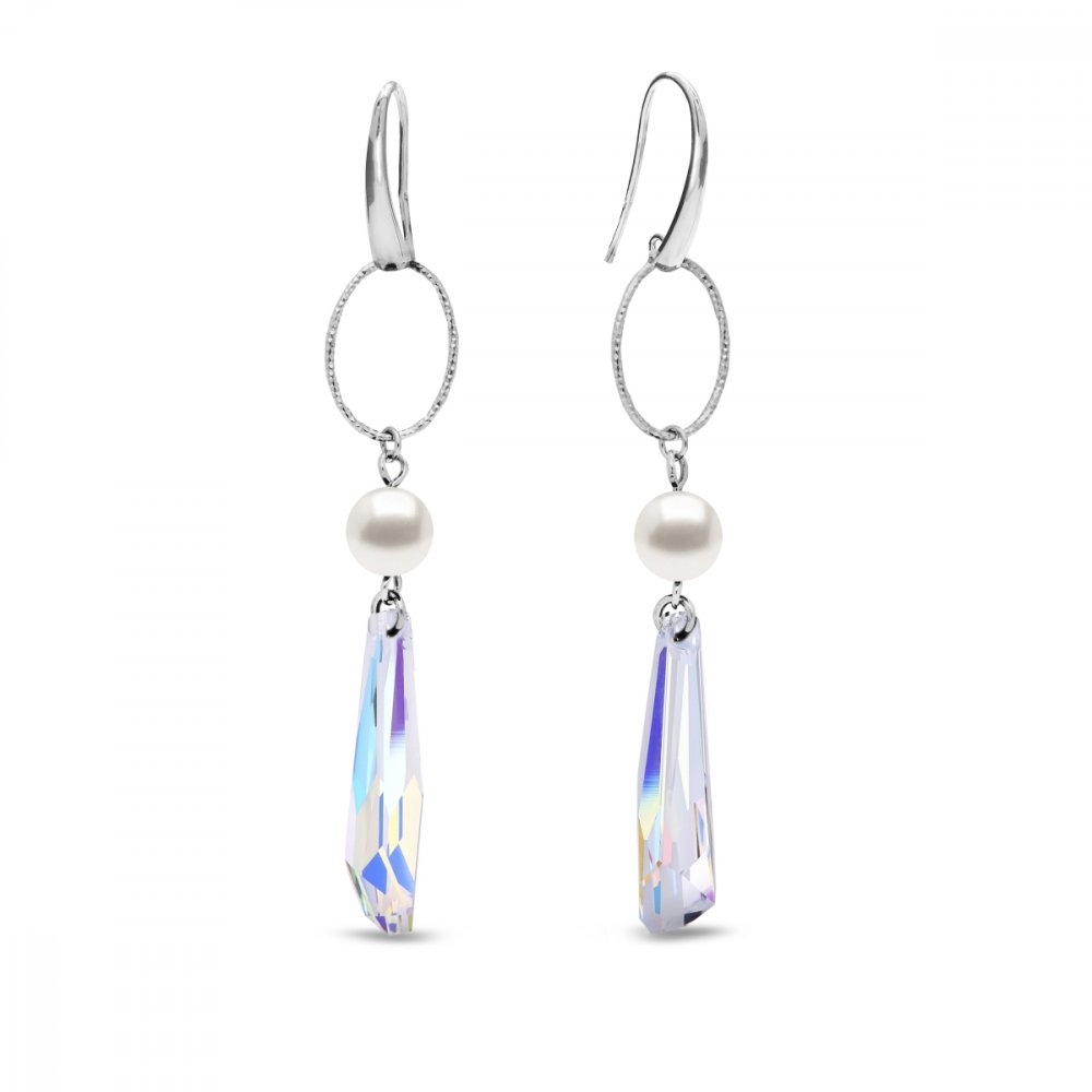 Stříbrné náušnice s bílou perlou a měnivým krystalem Crystalactite KW6017AB8W AB