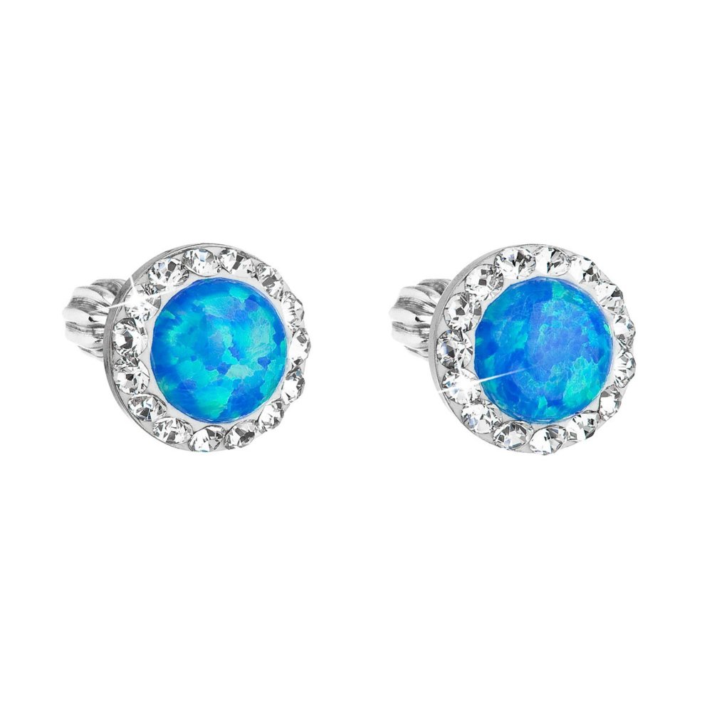Levně Stříbrné náušnice pecky se syntetickým opálem a křišťály Preciosa modré kulaté 31317.1 Blue s. Opal