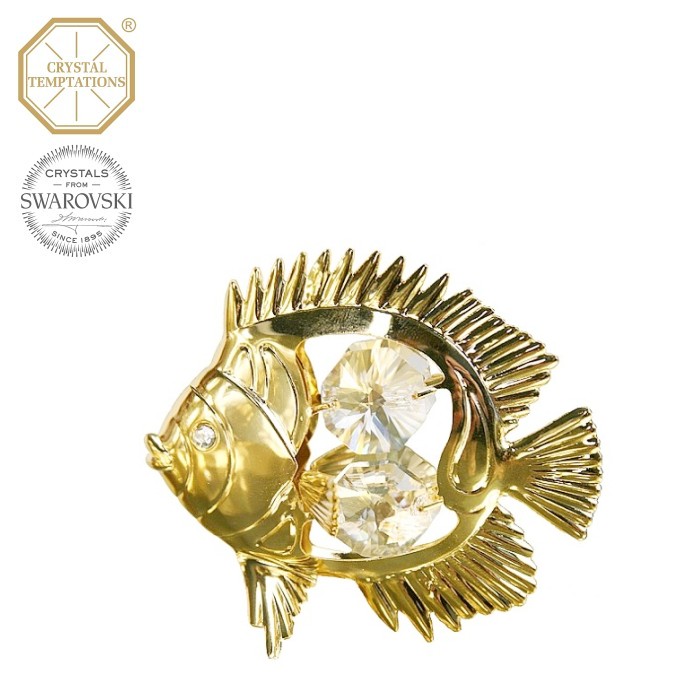 Levně Kovová pozlacená figurka Ryba s bílými krystaly Swarovski Elements
