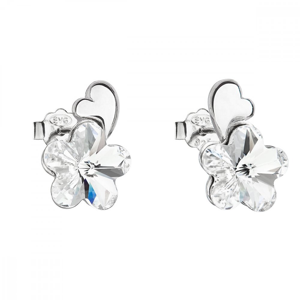Stříbrné náušnice pecka s krystaly Swarovski bílá kytička 31263.1 Krystal