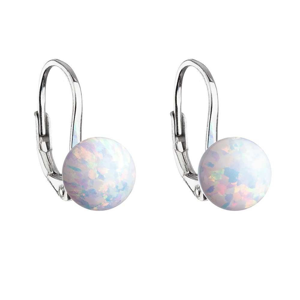 Levně Stříbrné visací náušnice se syntetickým opálem bílé kulaté 11245.1 White s. Opal