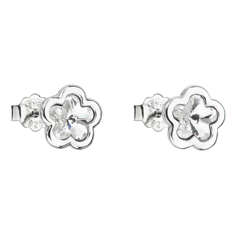 Stříbrné náušnice pecka s krystaly Swarovski bílá kytička 31255.1 Krystal