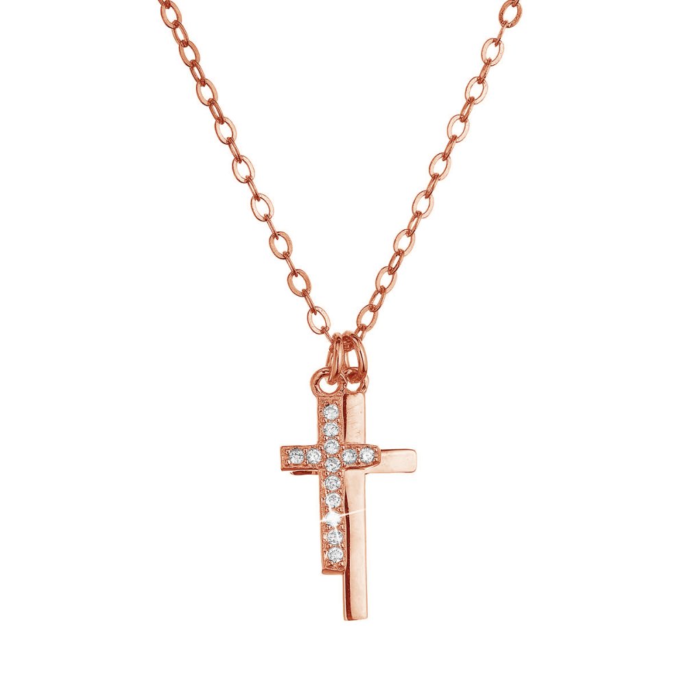 Levně Pozlacený stříbrný ROSE náhrdelník dva malé křížky a bílé zirkony 12059.1 crystal