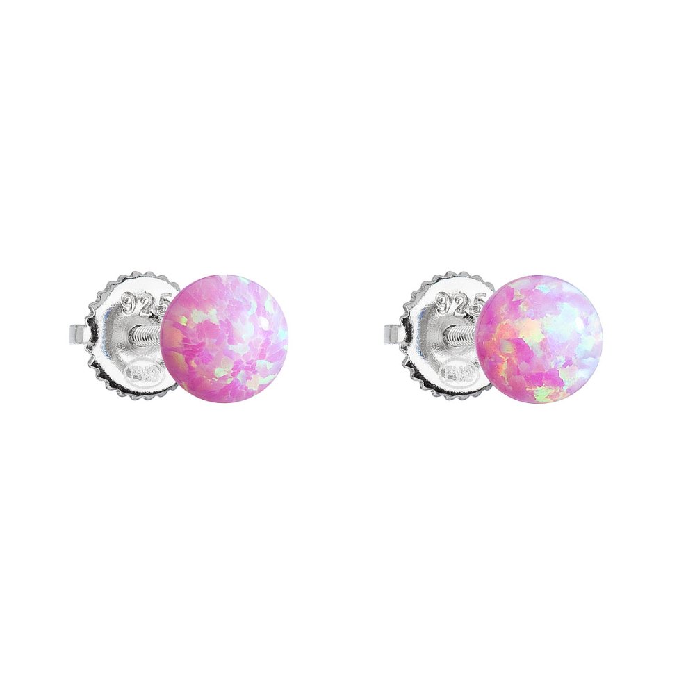 Levně Stříbrné náušnice pecky se syntetickým opálem růžové kulaté 11246.3 Pink s. Opal