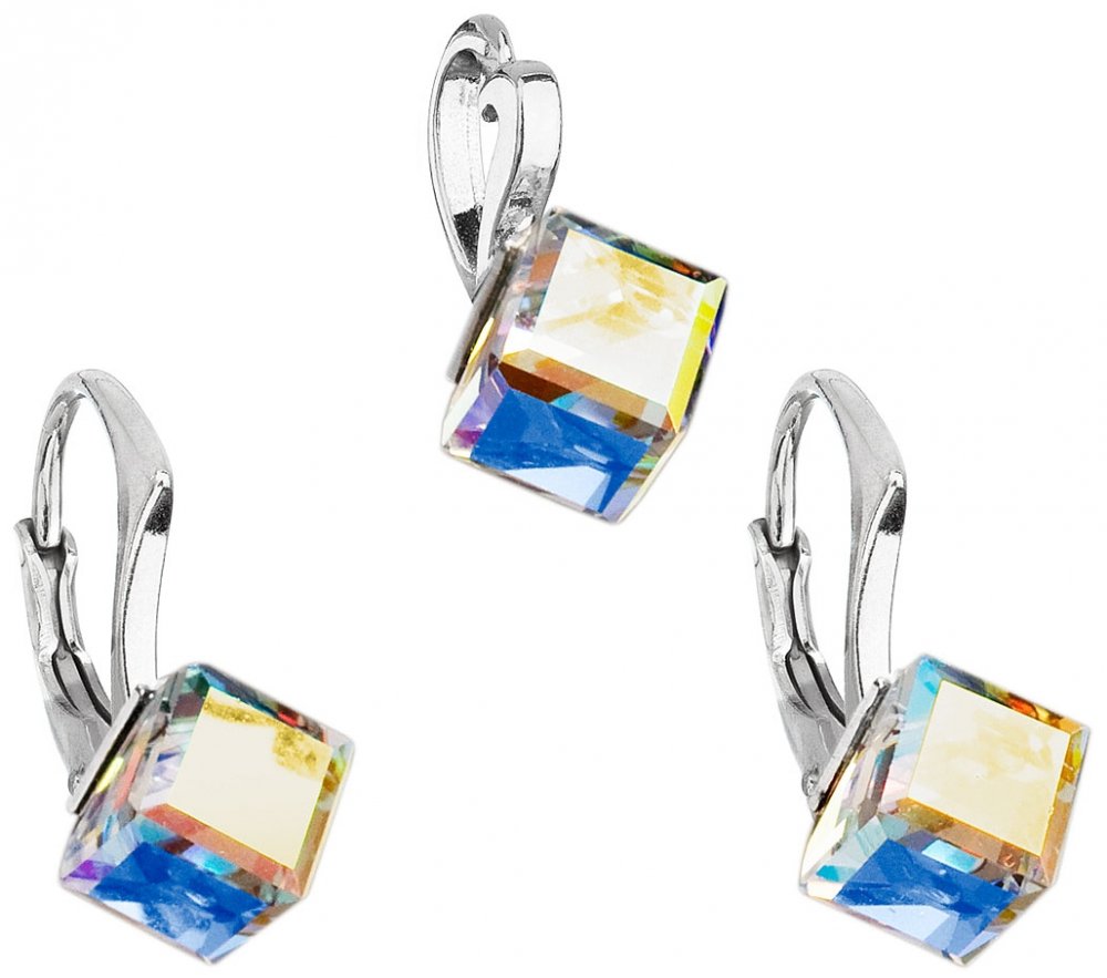 Sada šperků s krystaly Swarovski náušnice a přívěsek AB efekt bílá kostička 39068.2 AB