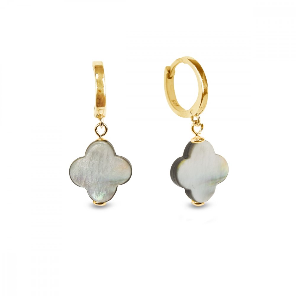 Levně Stříbrné pozlacené náušnice kruhy šedé Creoles Clover KCRGCLOV1MPB Mother of Pearl