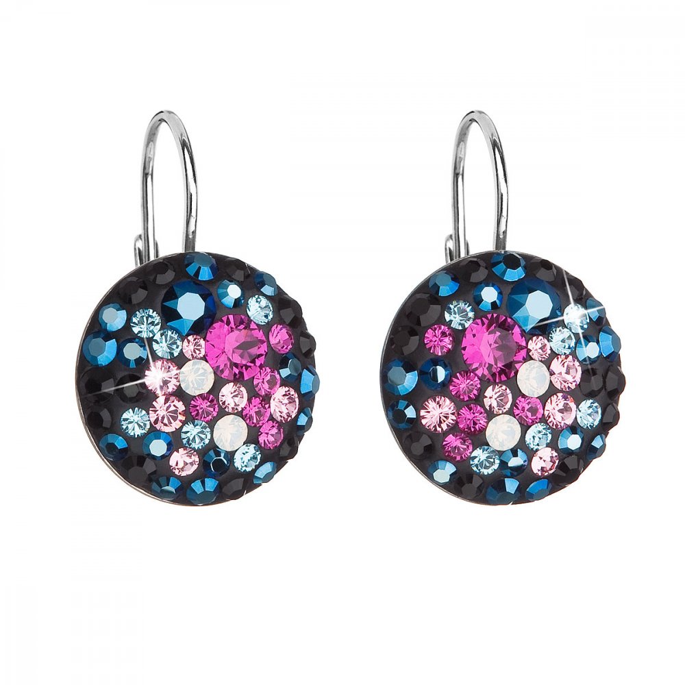Stříbrné náušnice visací s krystaly Swarovski mix barev kulaté 31176.4 Galaxy