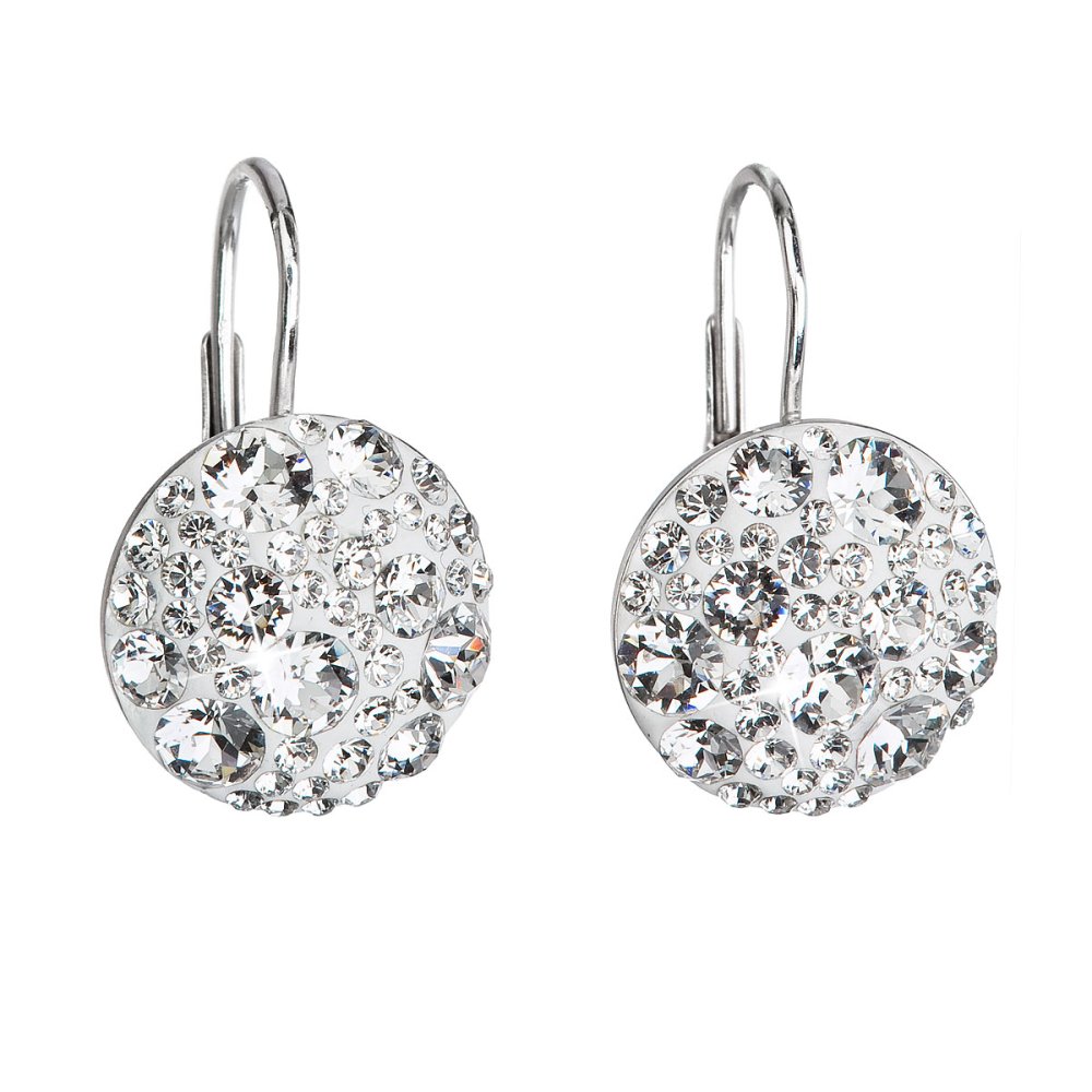 Stříbrné náušnice visací s krystaly Swarovski bílé kulaté 31176.1 Krystal