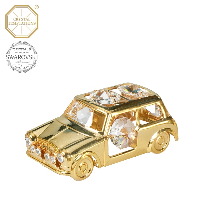 Levně Kovová pozlacená figurka Mini Cooper s bílými krystaly Swarovski Elements