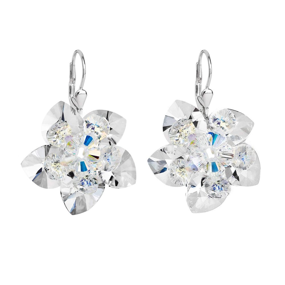Stříbrné náušnice visací s krystaly Swarovski bílá kytička 31130.1 Krystal