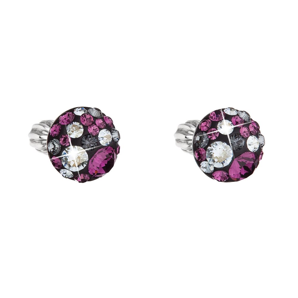 Levně Stříbrné náušnice pecka s krystaly Swarovski fialové kulaté 31336.3 Dark Amethyst