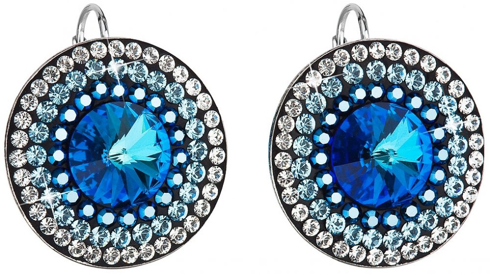 Stříbrné náušnice visací s krystaly Swarovski modré kulaté-rivoli 31208.5 Bermuda Blue