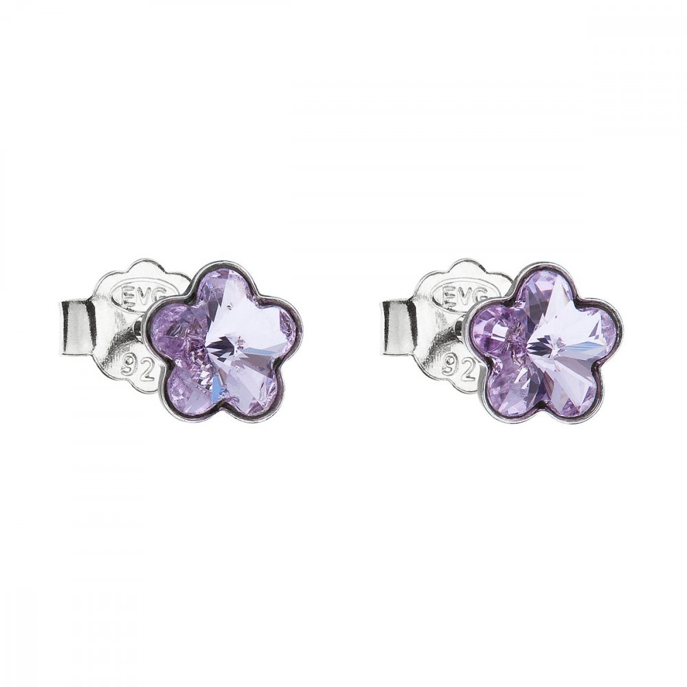 Stříbrné náušnice pecka s krystaly Swarovski fialová kytička 31080.3 Violet