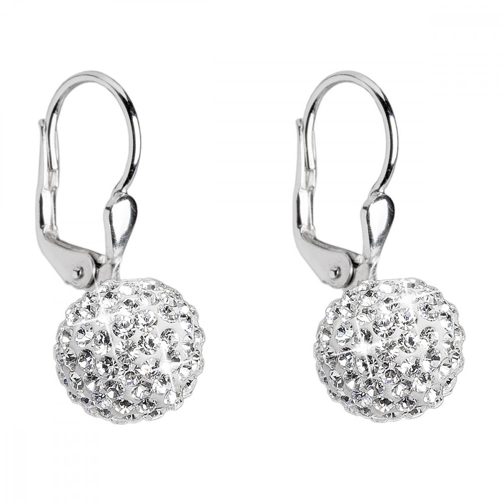Stříbrné náušnice visací s krystaly Swarovski bílé kuličky 31110.1 Krystal