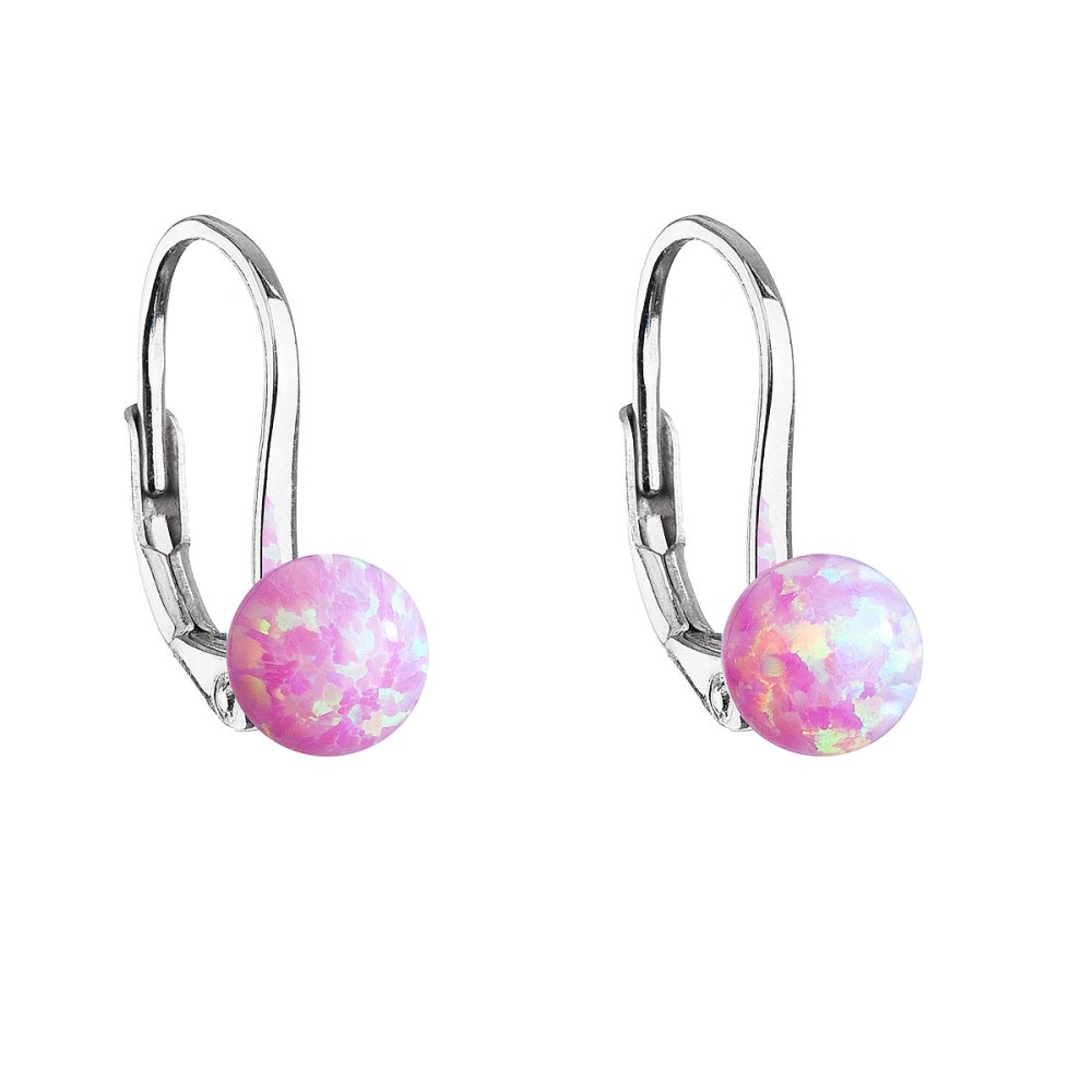 Levně Stříbrné visací náušnice se syntetickým opálem růžové kulaté 11242.3 Pink s. Opal