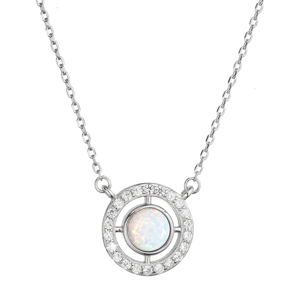 Levně Náhrdelník se syntetickým bílým opálem a zirkony kulatý 12066.1 white
