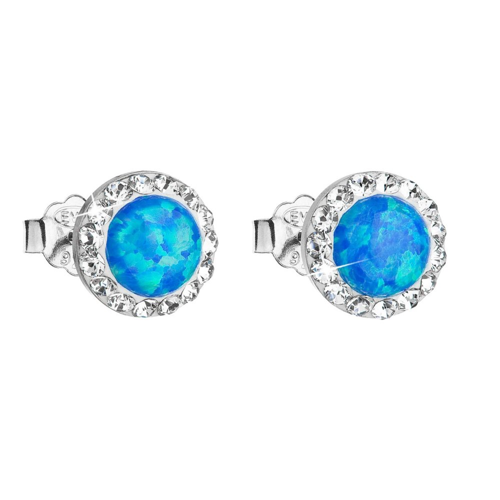 Levně Stříbrné náušnice pecky se syntetickým opálem a křišťály Preciosa modré kulaté 31217.1 Blue s. Opal