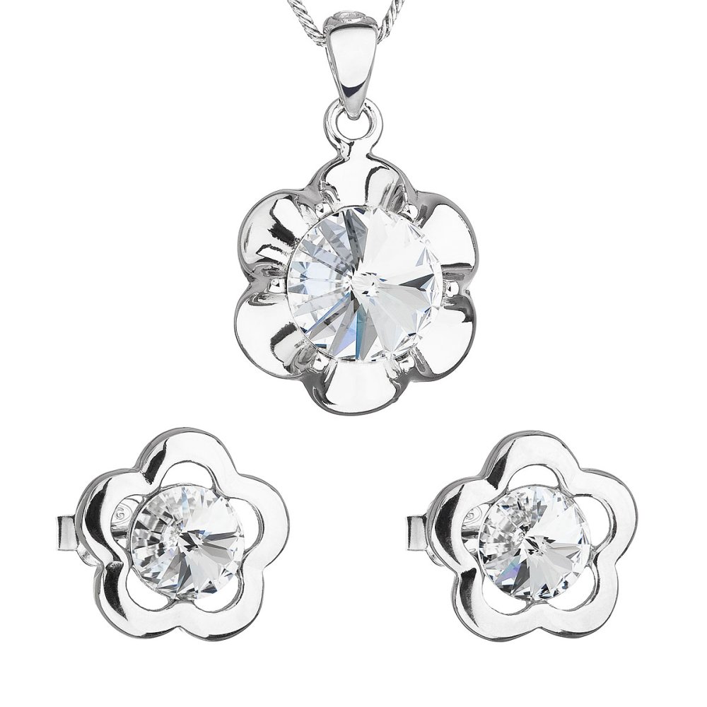 Levně Sada šperků s krystaly Swarovski náušnice, řetízek a přívěsek bílá kytička 39173.1 Krystal