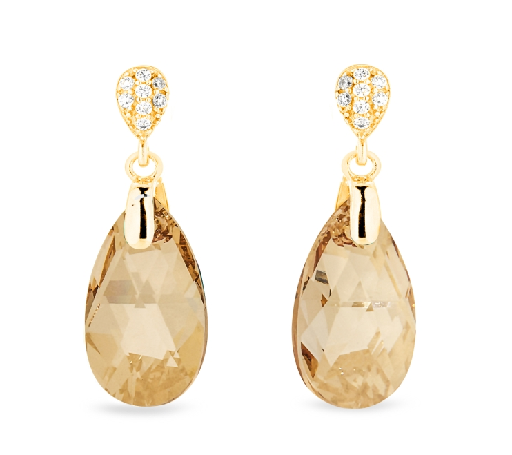 Stříbrné pozlacené náušnice s krystaly Swarovski Elements zlatá kapka Dainty Drop KWG610616GS Gold Shadow