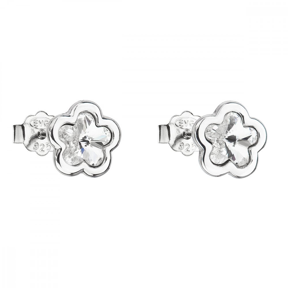 Stříbrné náušnice pecka s krystaly Swarovski bílá kytička 31255.1 Krystal