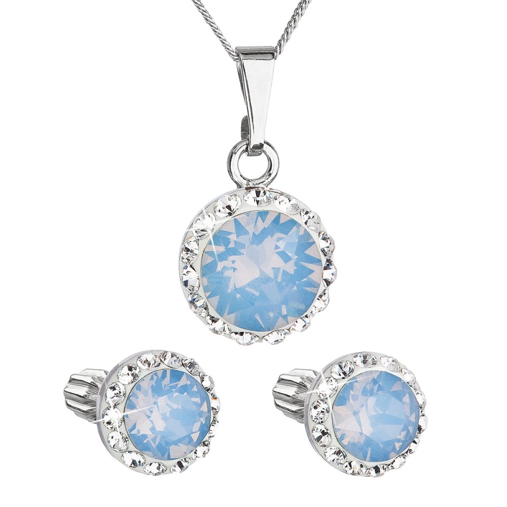 Levně Sada šperků s krystaly Swarovski náušnice, řetízek a přívěšek modré opálové kulaté 39352.7