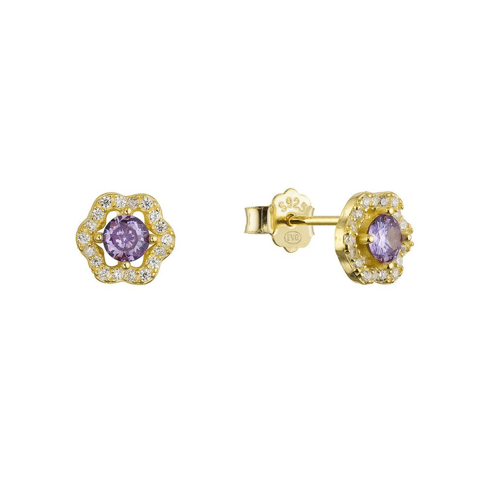 Levně Pozlacené stříbrné náušnice kytičky s fialovým zirkonem 11702.3 amethyst