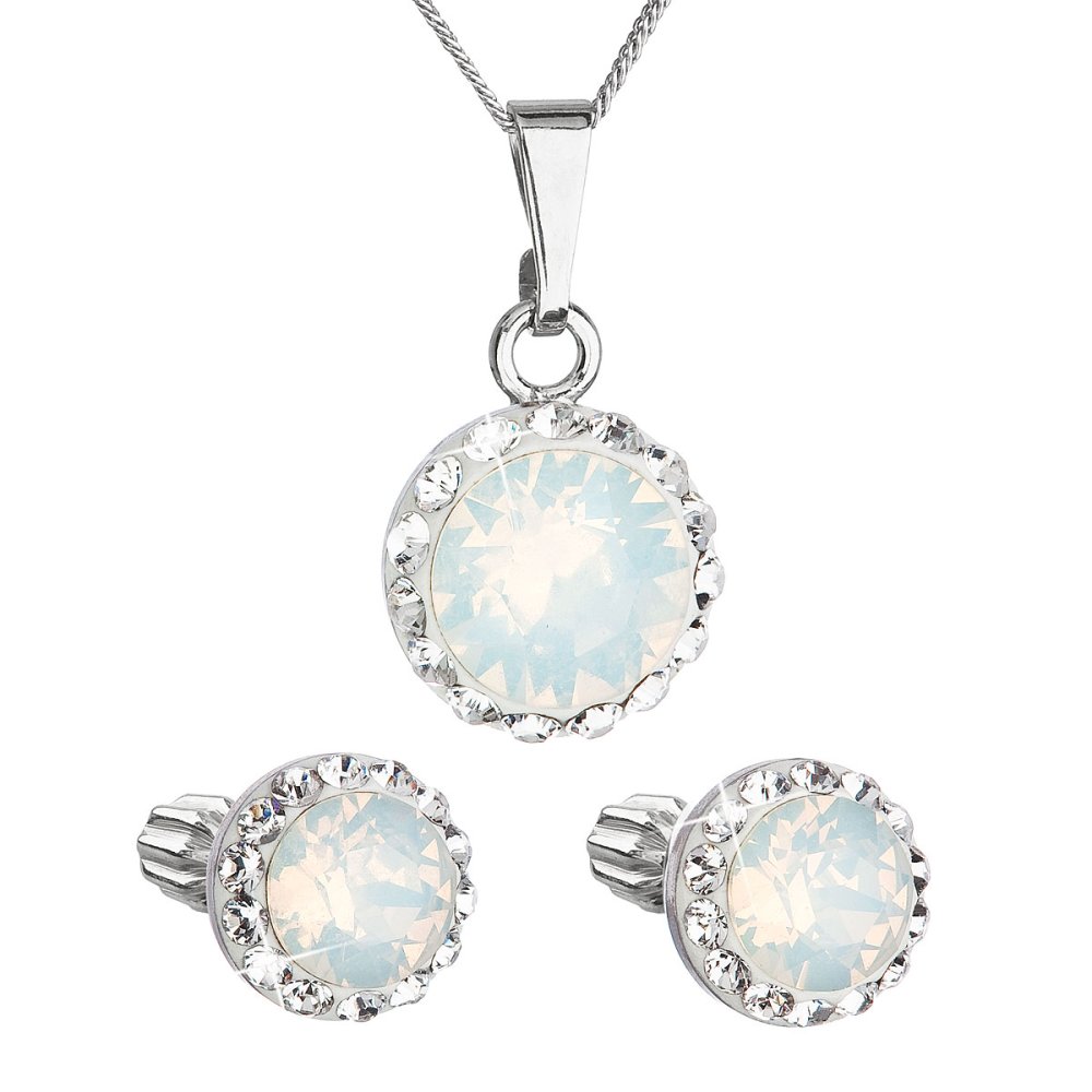 Levně Sada šperků s krystaly Swarovski náušnice, řetízek a přívěšek bílé opálové kulaté 39352.7 White Opal