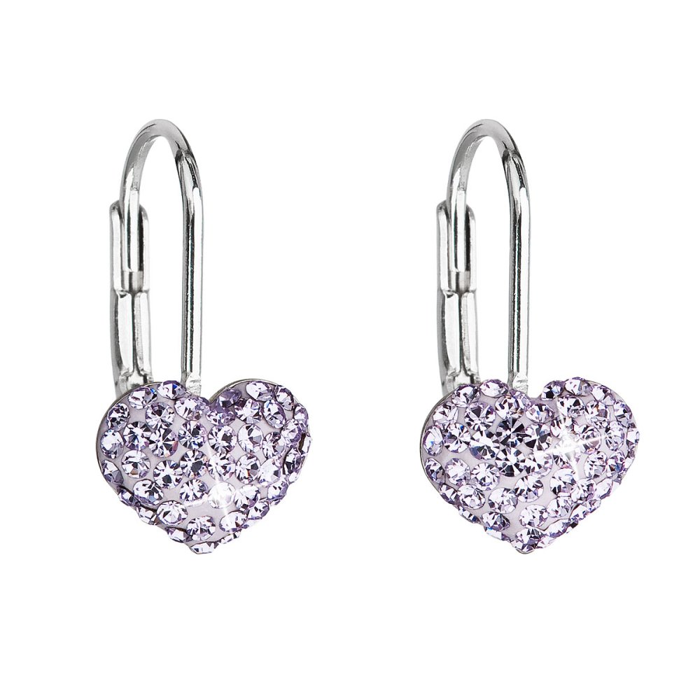 Levně Stříbrné náušnice visací s krystaly Swarovski fialové srdce 31125.3 Violet