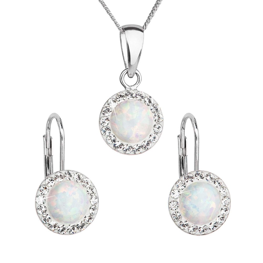 Sada šperků se syntetickým opálem a křišťály Preciosa náušnice a přívěsek bílé kulaté 39160.1 White s. Opal