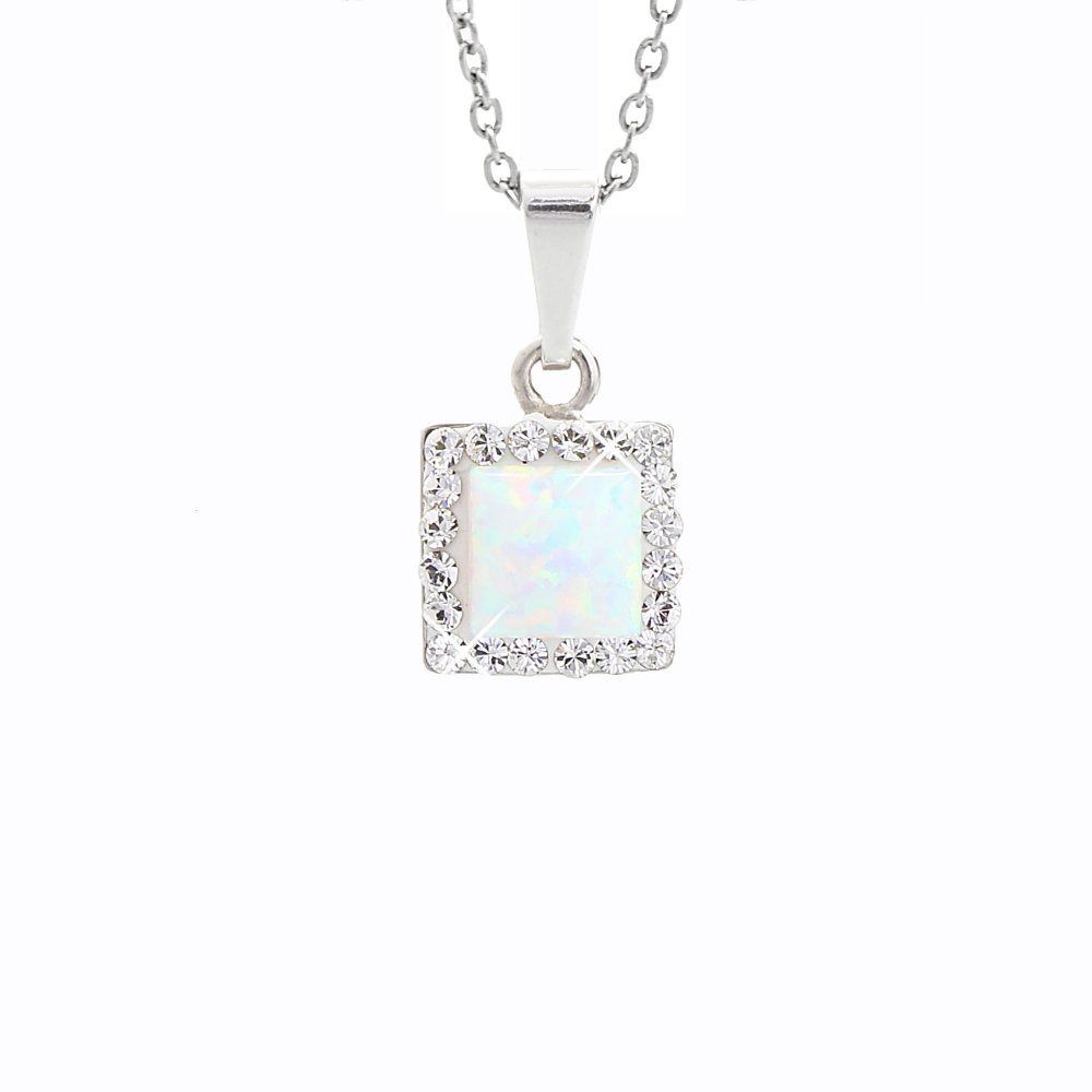 Stříbrný náhrdelník s bílým opálem a krystaly Swarovski Elements čtverec White Opal