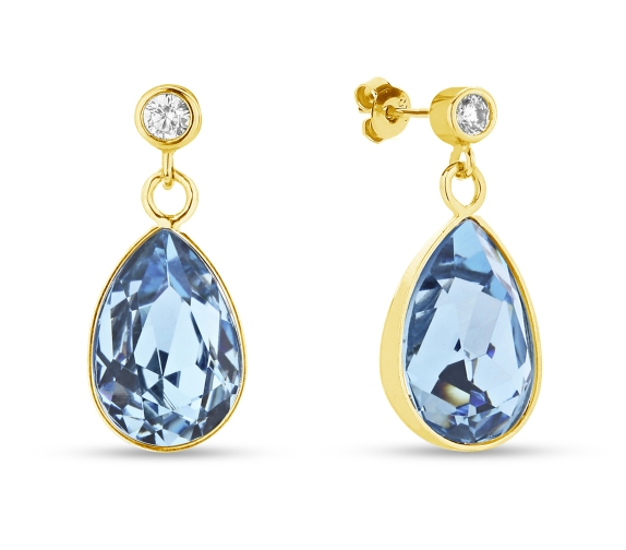 Stříbrné pozlacené náušnice s krystaly Swarovski Elements modrá kapka Barocco KCDG432010AQ Aqua