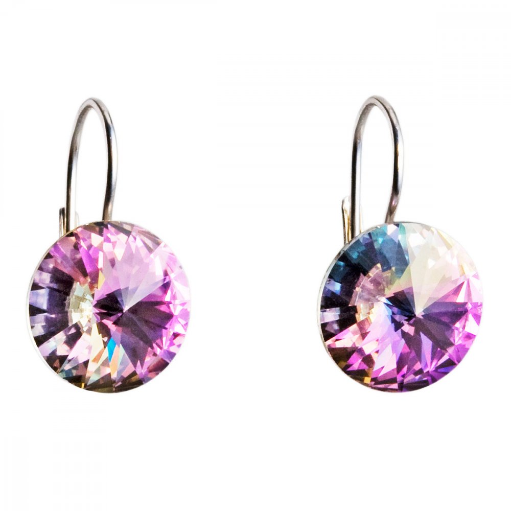 Stříbrné náušnice visací s krystaly Swarovski fialové kulaté 31106.5 Vitrail Light