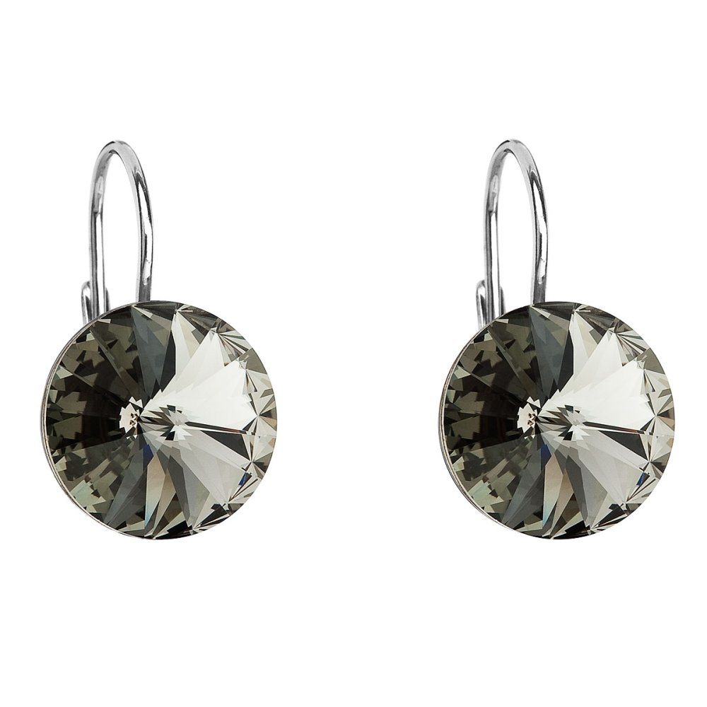 Stříbrné náušnice visací s krystaly Swarovski šedé kulaté 31106.3 Black Diamond