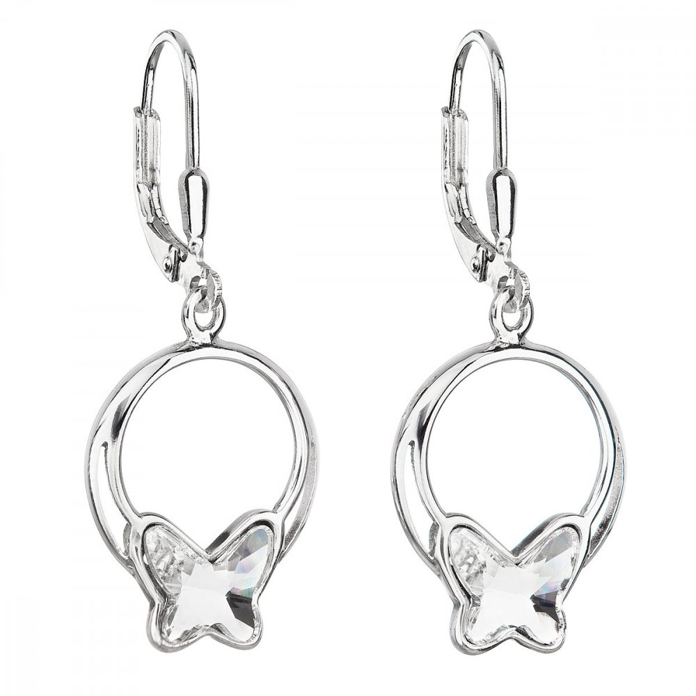 Stříbrné náušnice visací s krystaly Swarovski bílý motýl 31248.1 Krystal