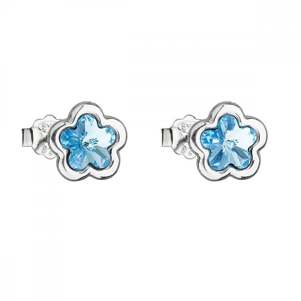 Stříbrné náušnice pecka s krystaly Swarovski modrá kytička 31255.3 Aqua
