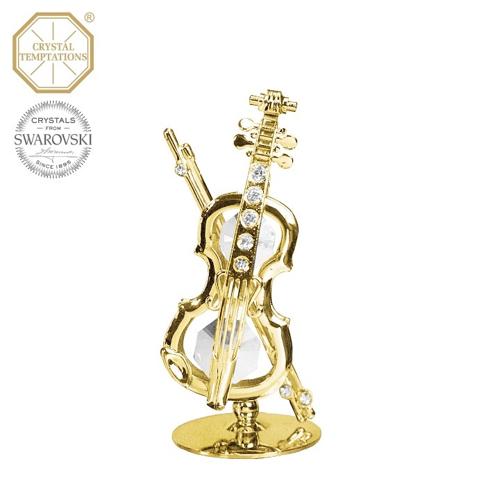 Levně Kovová pozlacená figurka Housle s bílými krystaly Swarovski Elements