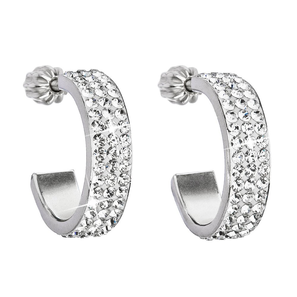 Stříbrné náušnice kruhy s krystaly Swarovski bílý půlkruh 31119.1 Krystal