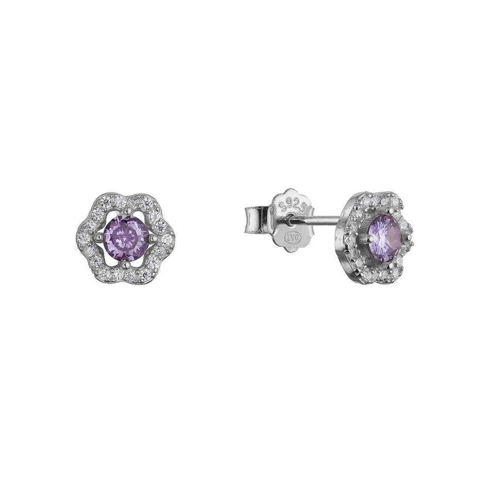 Stříbrné náušnice kytičky s fialovým zirkonem 11702.3 amethyst