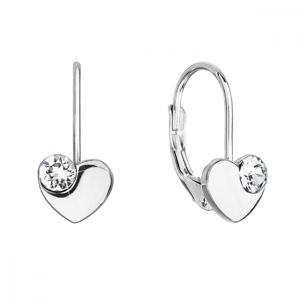Stříbrné visací náušnice se Swarovski krystaly bílé srdíčka 31299.1 Krystal