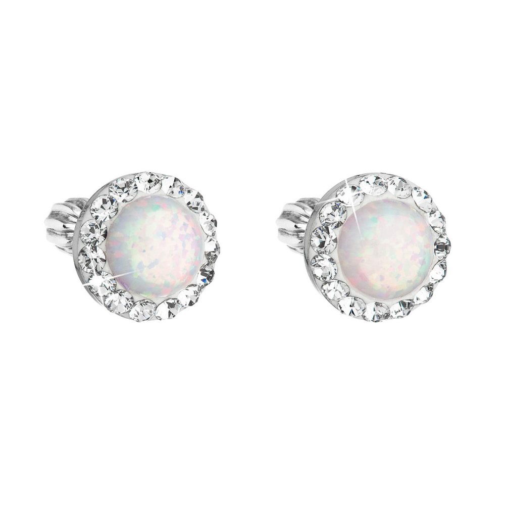 Levně Stříbrné náušnice pecky se syntetickým opálem a křišťály Preciosa bílé kulaté 31317.1 White s. Opal