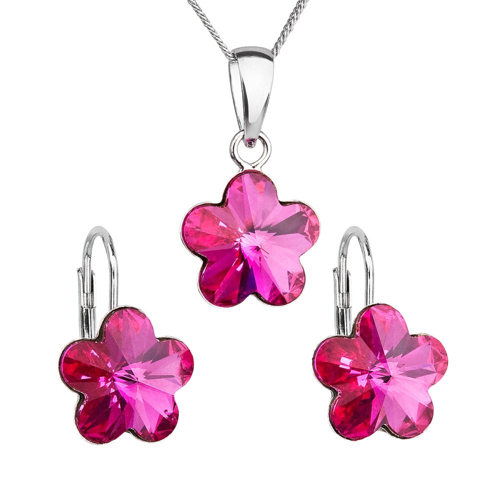 Levně Sada šperků s krystaly Swarovski náušnice, řetízek a přívěsek růžová kytička 39143.3 Fuchsia