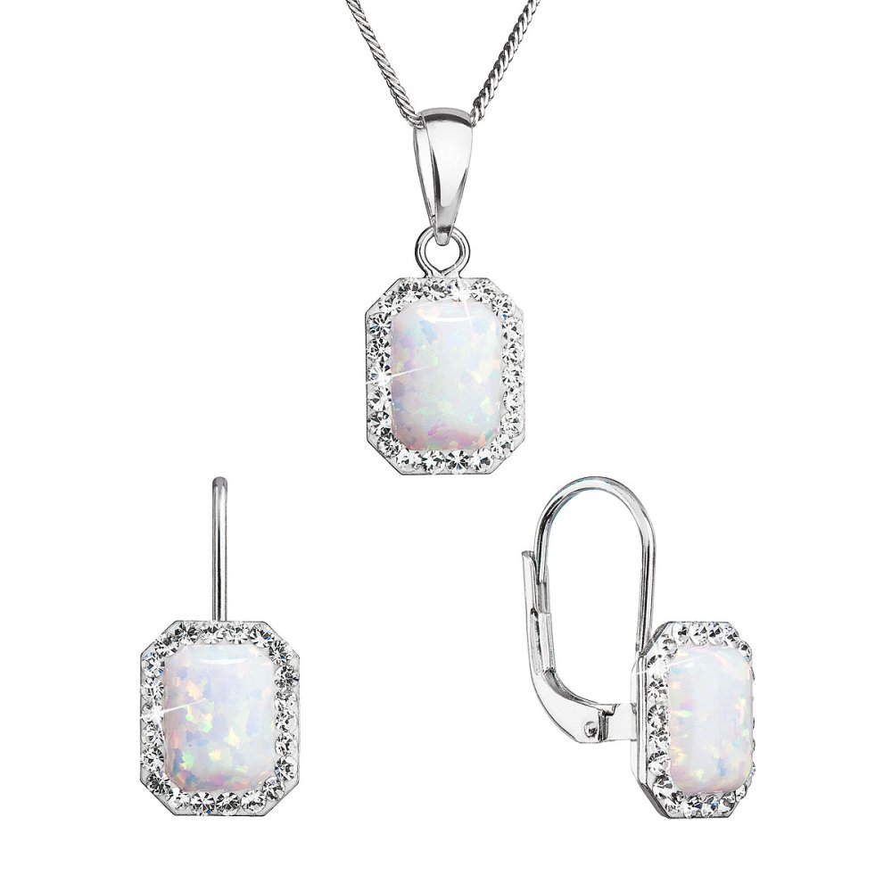 Sada šperků se syntetickým opálem a křišťály Preciosa náušnice a přívěšek bílé kulaté 39175.1 White Opal