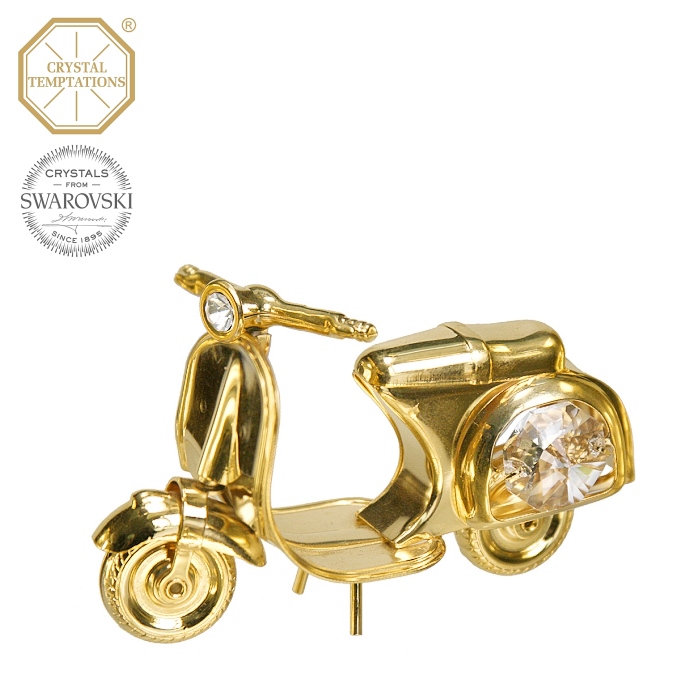 Levně Kovová pozlacená figurka Skútr s bílými krystaly Swarovski Elements