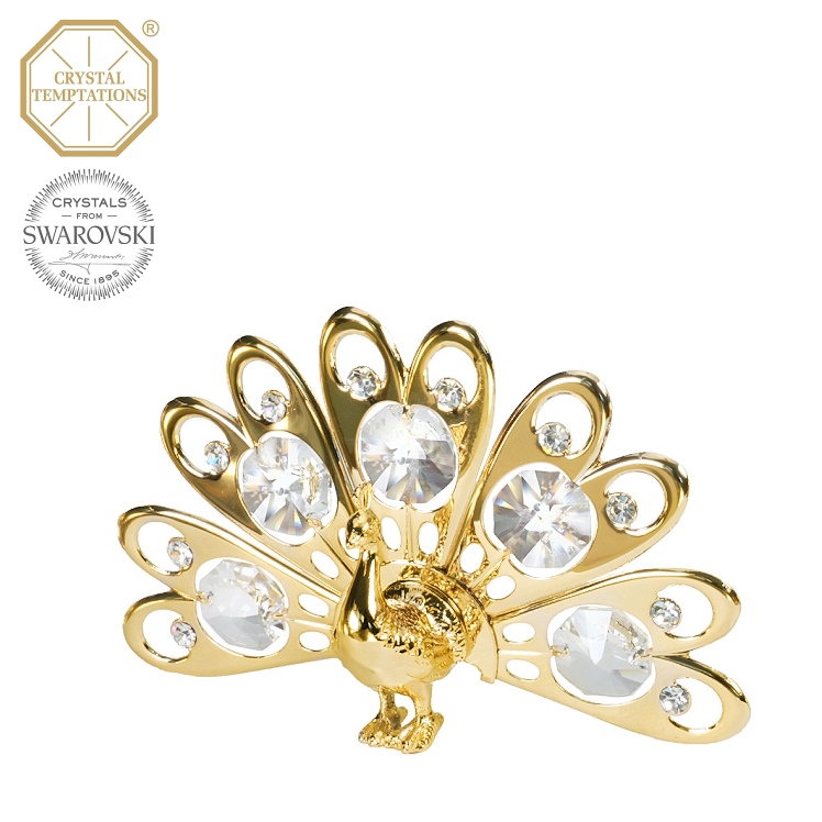 Levně Kovová pozlacená figurka Páv s bílými krystaly Swarovski Elements