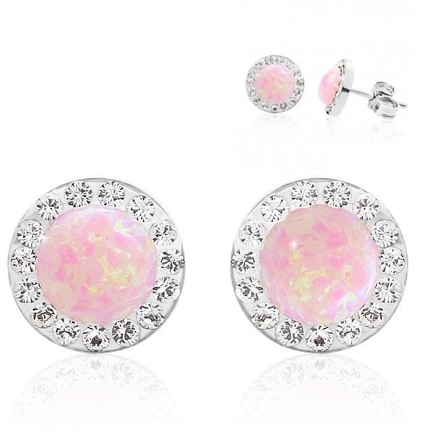 Stříbrné náušnice pecky s růžovým opálem a krystaly Swarovski Elements Rose Opal