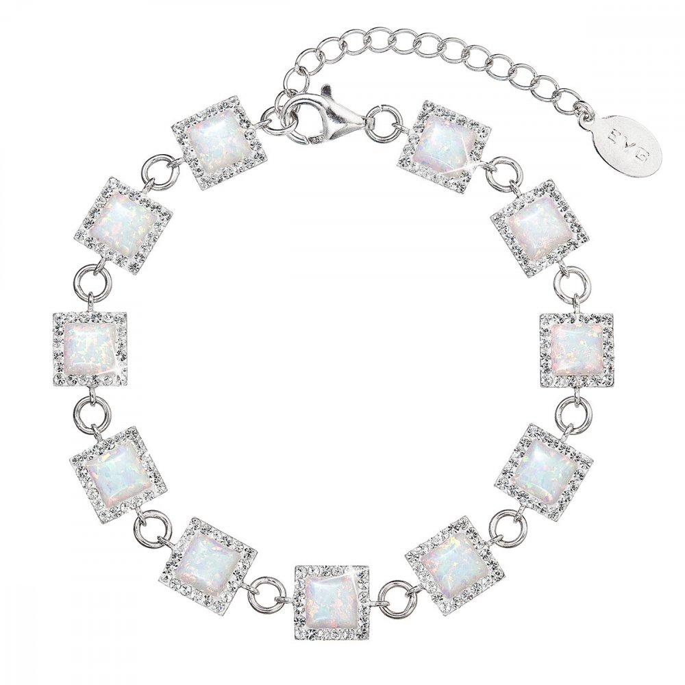 Stříbrný náramek se syntetickým opálem a křišťály Preciosa bílý čtverec 33047.1 white