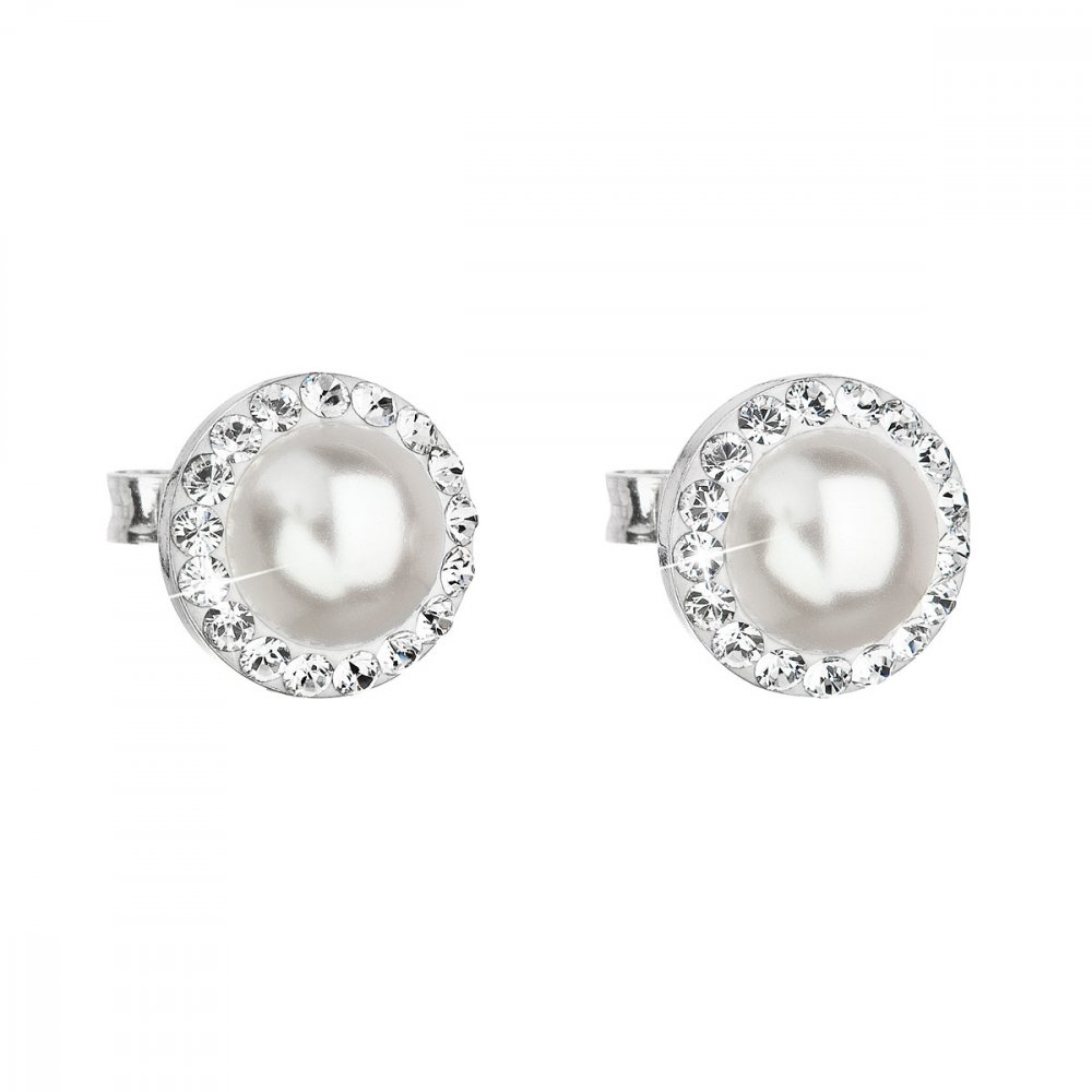 Stříbrné náušnice pecka s krystaly Swarovski a bílou perlou kulaté 31214.1 Bílá 7 mm