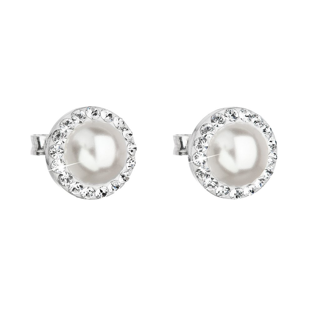 Levně Stříbrné náušnice pecka s krystaly Swarovski a bílou perlou kulaté 31214.1 Bílá 7 mm