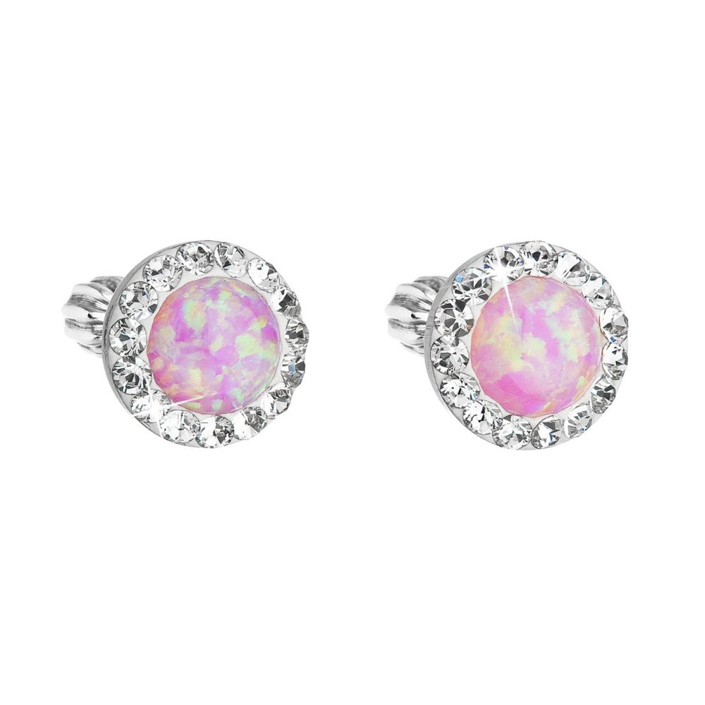 Levně Stříbrné náušnice pecky se syntetickým opálem a křišťály Preciosa růžové kulaté 31317.1 Pink s. Opal