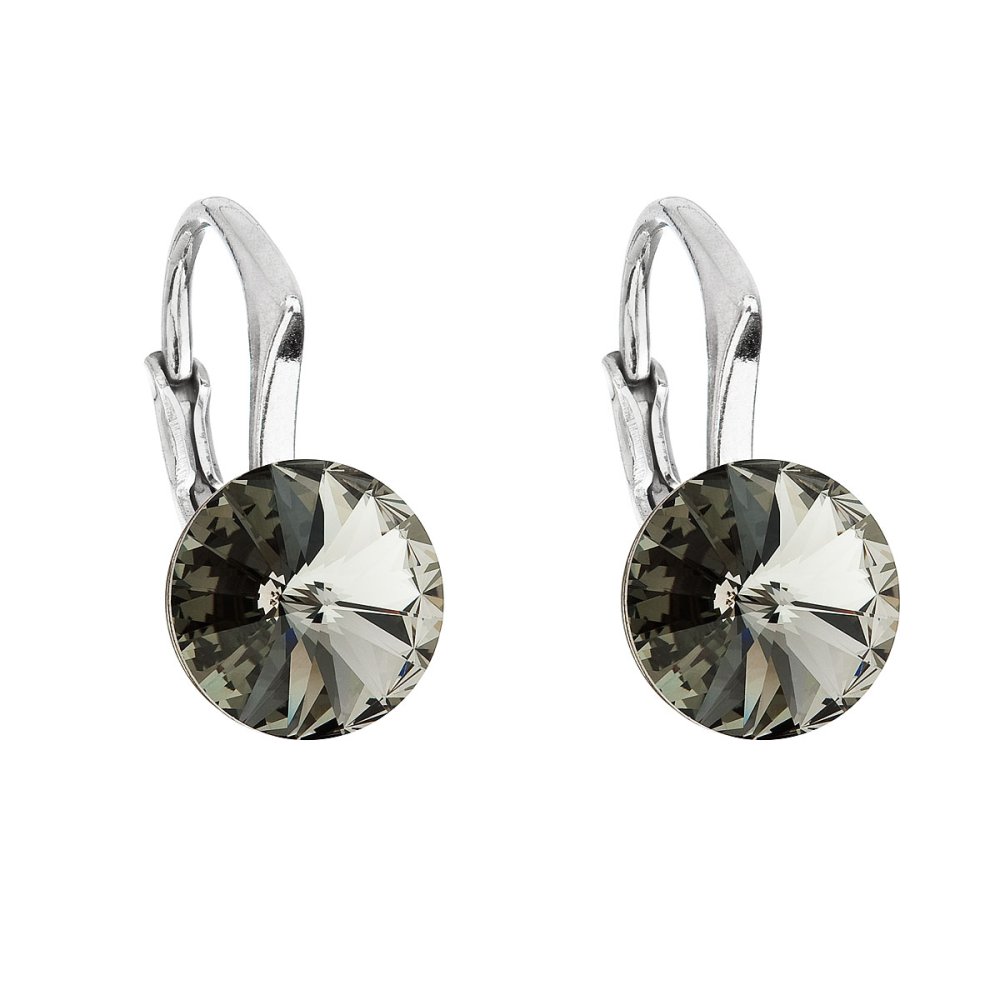 Stříbrné náušnice visací s krystaly Swarovski černé kulaté 31229.3 Black Diamond